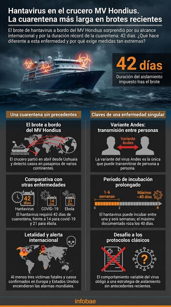 Infografía sobre el hantavirus en el crucero MV Hondius. Muestra un barco con símbolos de riesgo biológico, un mapa mundial, y gráficos comparativos de cuarentenas y periodos de incubación.