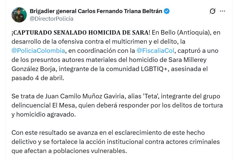 El alto oficial destacó que esta detención representa un avance significativo en la investigación del crimen - crédito @DirectorPolicia/X