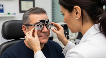 Un hombre de mediana edad sentado, mirando al frente, con un foróptero en los ojos, mientras una oftalmóloga ajusta el aparato.