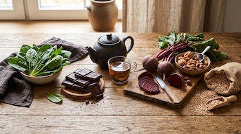 Espinacas, tabletas de chocolate, té, remolachas cortadas, frutos secos y salvado de trigo dispuestas sobre una mesa de madera.