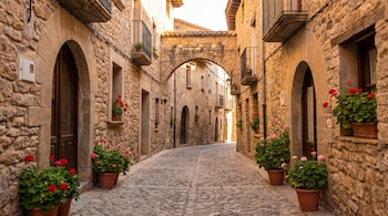 Calle de piedra con arcos entre edificios de fachada rústica y maceteros con flores rojas y rosadas a los lados.