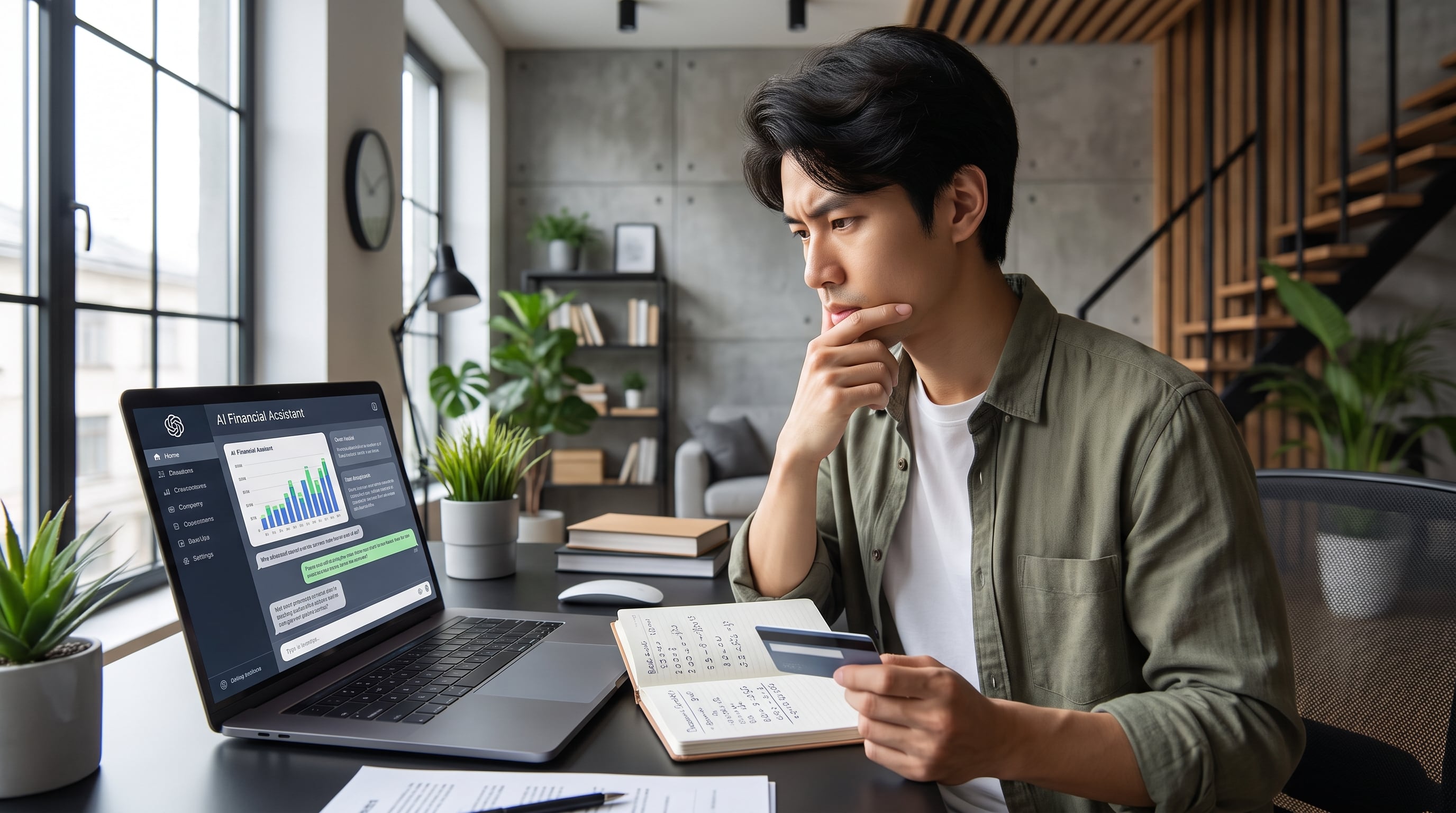 Un hombre medita su decisión financiera apoyándose en un asistente de inteligencia artificial y en sus propios cálculos manuales antes de usar una tarjeta bancaria. (Imagen Ilustrativa Infobae)