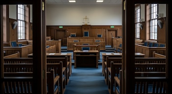Sala de tribunal vacía con mobiliario de madera, sillas azules, mesas, dos ventanas altas, dos puertas, balanza dorada y dos señales de salida.