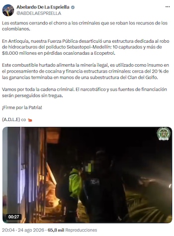 Gobierno de De la Espriella desmantela red que robaba combustible en Antioquia - crédito @ABDELAESPRIELLA/X