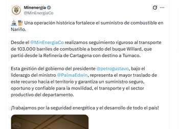 El buque Willard transportó la mayor carga registrada hasta la fecha para abastecer el departamento de Nariño - crédito Min Energia