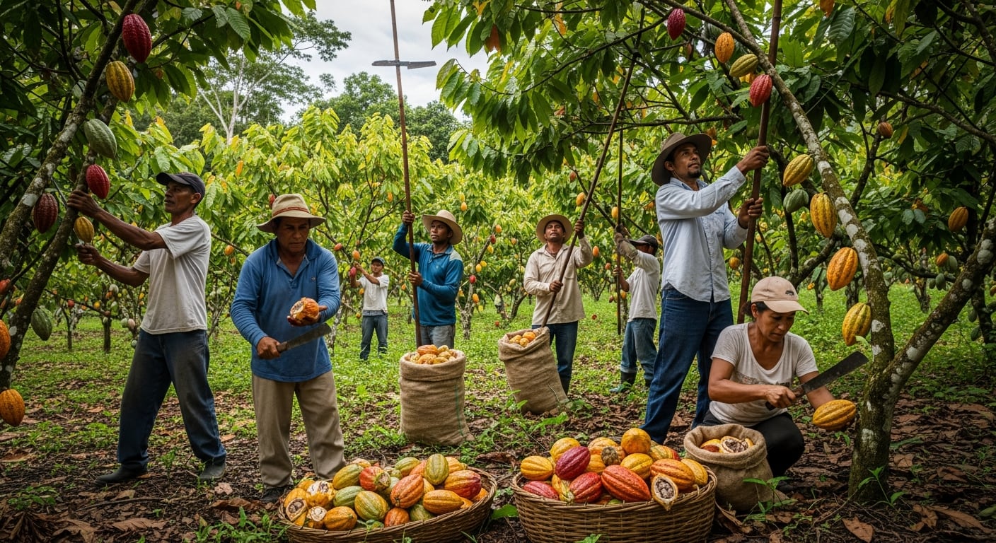 Trabajadores agrícolas cosechan vainas de cacao maduras de los árboles en una plantación en Panamá, preparándolas para el procesamiento y exportación. (Imagen Ilustrativa Infobae)