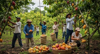 Vista amplia de un grupo de trabajadores cosechando cacao en una plantación de Panamá; se ven vainas de cacao de varios colores en árboles y en cestas.