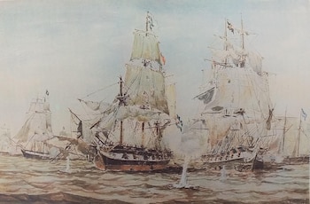 Una pintura de un combate naval en el mar, con múltiples fragatas veleras de tres mástiles, mástiles y velas, y explosiones en el agua