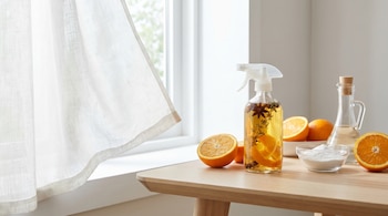 Una botella de spray con limpiador casero de naranja, rodajas de naranja, bicarbonato y vinagre sobre una mesa de madera clara, junto a una ventana con cortinas blancas.