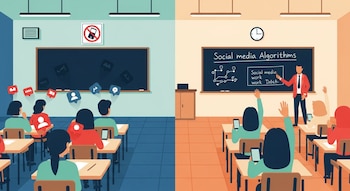 Dos aulas escolares, una con alumnos distraídos por notificaciones de celular y una señal de prohibido móviles, la otra con estudiantes atentos a clase de algoritmos.
