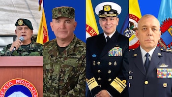 De izquierda a derecha: general José Bertulfo Soto, general Rodolfo Morales Franco, vicealmirante Camilo Ernesto Segovia Forero, mayor general Alfonso Lozano Ariza - crédito Fuerzas Militares