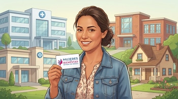 Ilustración de una mujer mexicana sonriente, cabello recogido y chaqueta de mezclilla, mostrando la tarjeta "Mujeres con Bienestar". Fondo: hospital, escuela y casa.