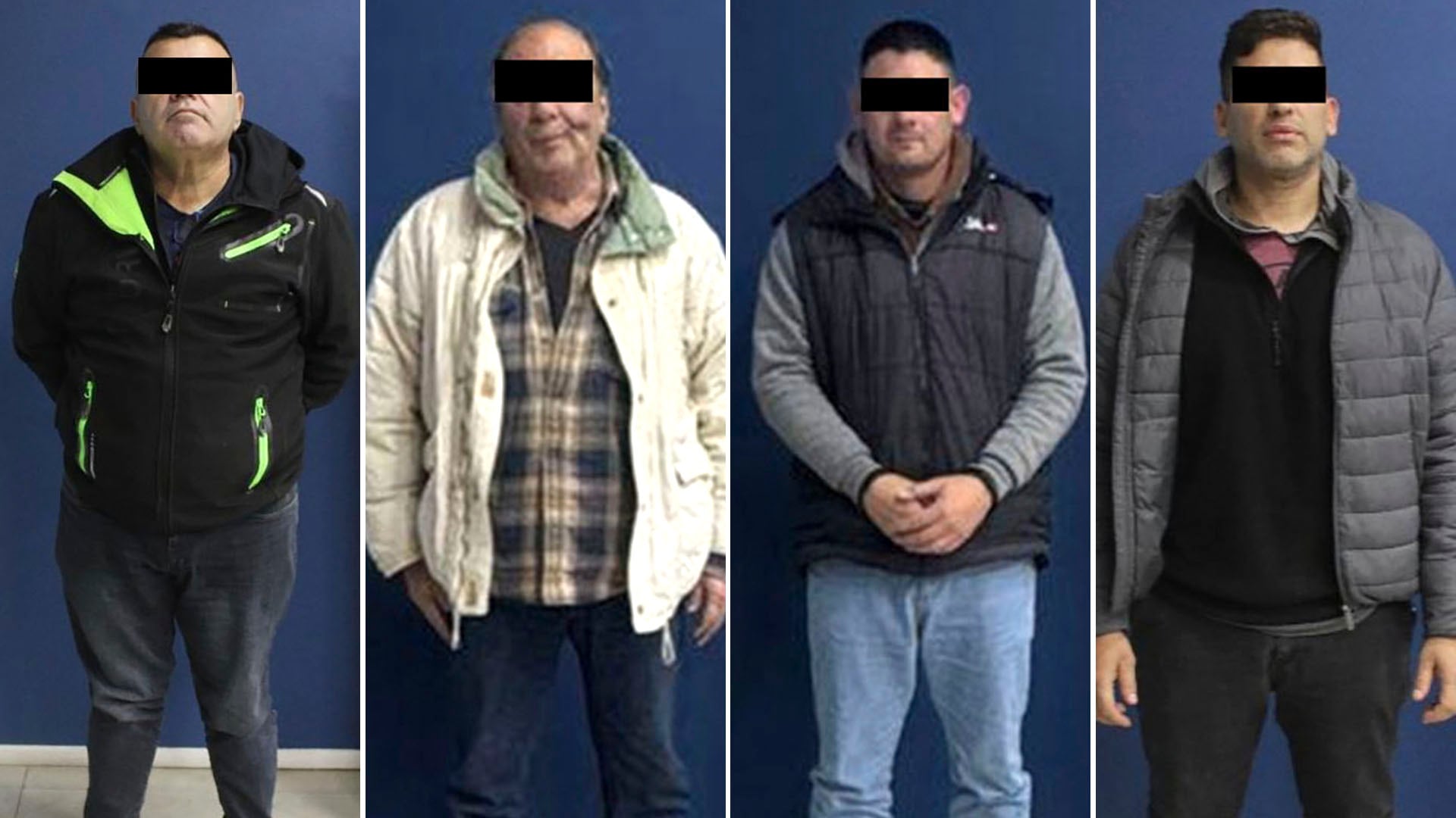 Cuatro hombres, identificados como líderes de una banda criminal dedicada al desvío de armas al mercado negro, posan para sus fichas de arresto.