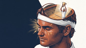 Ilustración en grabado de la cabeza de un tenista abierta que contiene una cancha de tenis y una figura alzando una copa.