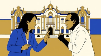 Ilustración plana que muestra a Keiko Fujimori y Roberto Sánchez en un debate enérgico, con el Palacio de Gobierno de Perú estilizado en el fondo.