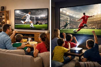 Imagen dividida mostrando dos familias. Una familia ve fútbol en un televisor, otra familia observa un partido en una pantalla grande proyectada.