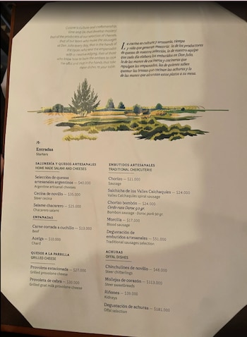 Carta de restaurante impresa con un dibujo del campo y una lista de platos de entradas con precios en pesos