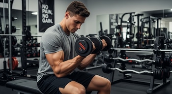 Joven con camiseta gris y pantalones negros sentado en un banco de gimnasio, realizando ejercicios con una mancuerna negra para fortalecer los antebrazos.