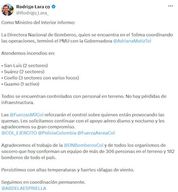 Rodrigo Lara informó sobre las labores de atención de los incendios forestales en San Luis, Suárez, Coello y Guamo, tras el PMU con la gobernadora Adriana Matiz. - crédito @Rodrigo_Lara/X