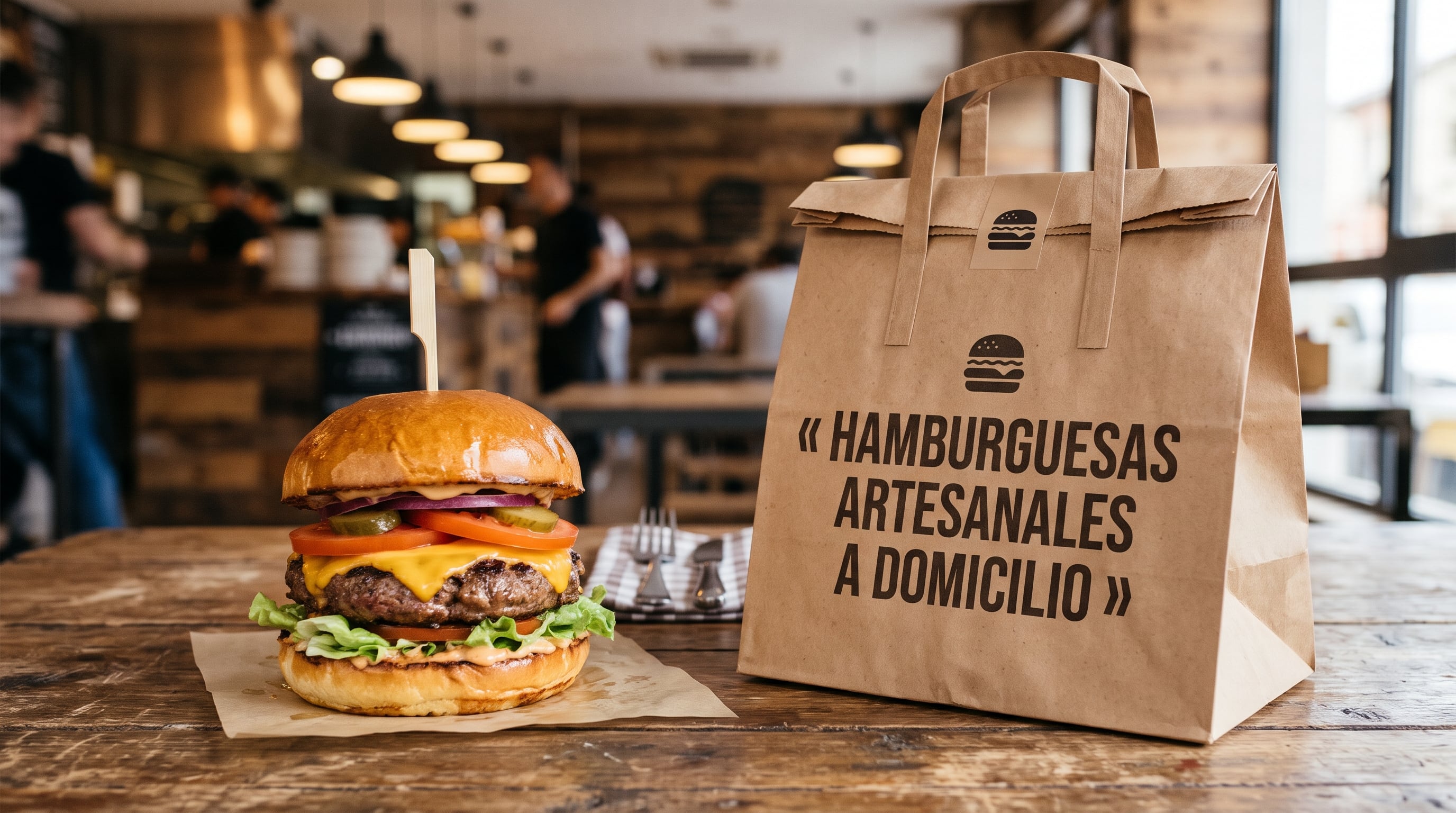Una hamburguesa preparada y una bolsa de papel para entrega a domicilio se encuentran sobre una mesa de madera en el interior de un local gastronómico. (Imagen Ilustrativa Infobae)