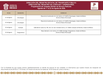 Conoce las unidades móviles del Edomex que estarán habilitadas del 17 al 22 de agosto (Semovi Edomex)