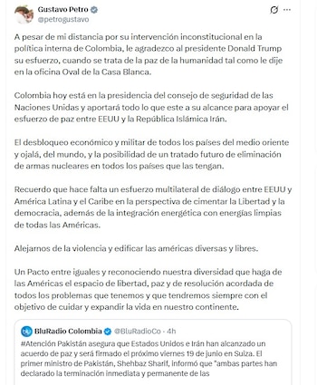 El presidente Gustavo Petro se pronunció tras el acuerdo que puso fin a las hostilidades entre Estados Unidos e Irán - crédito @petrogustavo/X
