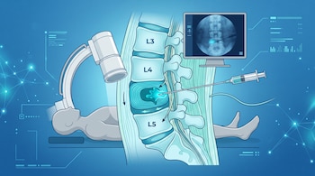 Ilustración médica de una columna lumbar, una jeringa con aguja en un disco intervertebral, un paciente acostado, un fluoroscopio y un monitor.