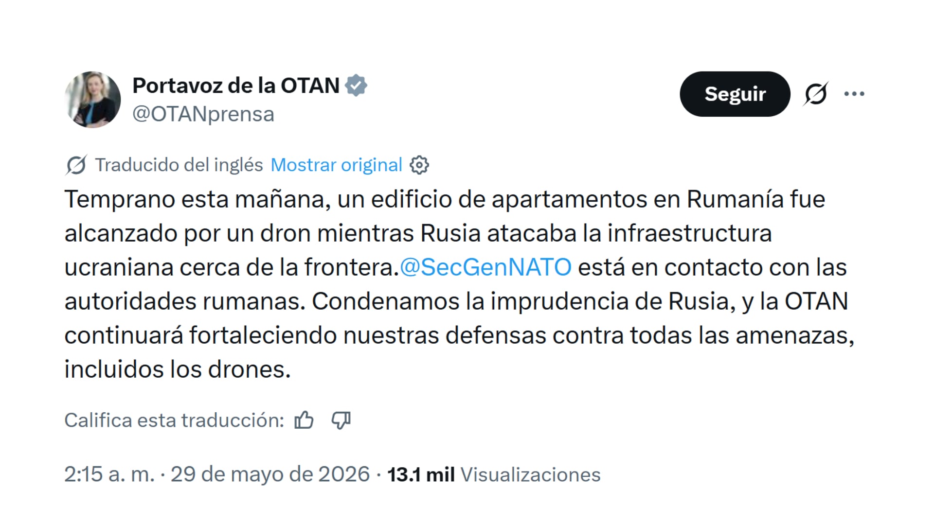El mensaje de la portavoz de la OTAN, Allison Hart (@OTANpress)