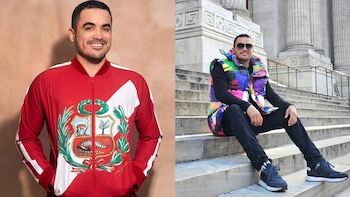 Dos imágenes: un hombre sonriendo con chaqueta roja y blanca con el escudo de Perú y el mismo hombre con chaleco colorido y gafas de sol sentado en escalinatas de piedra