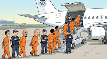 Caricatura que muestra a varios hombres esposados con uniformes naranjas siendo escoltados por agentes de ICE para abordar un avión blanco con la inscripción "ICE AIR".