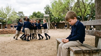 Niño en uniforme escolar sentado en un banco de madera mientras un grupo de escolares juega al fondo en un patio de tierra con árboles.