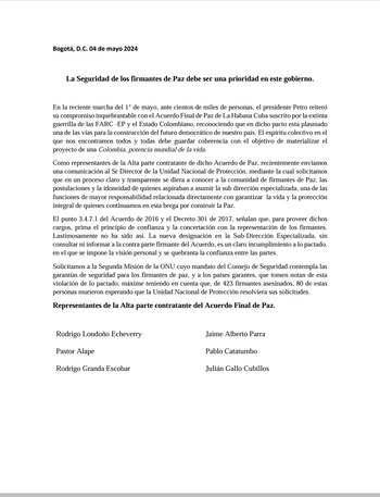 Excombatientes de las Farc enviaron una carta al presidente Petro por el reciente nombramiento en la UNP - crédito @TimoComunes/X