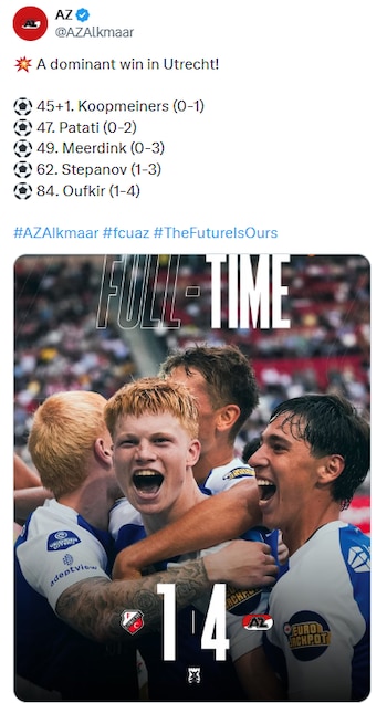 Mateo Chávez, lateral izquierdo del AZ Alkmaar, aportó dos asistencias en la victoria 4-1 sobre el Utrecht. (X/ @AZAlkmaar)