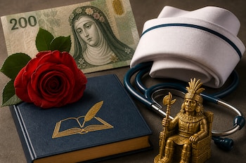 Un billete de 200 soles, una rosa roja sobre un libro azul, una cofia blanca, un estetoscopio y una pequeña figura dorada de Atahualpa.