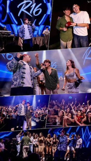 Collage de fotos que muestra presentaciones musicales en un escenario con el letrero R16 frente a varias personas