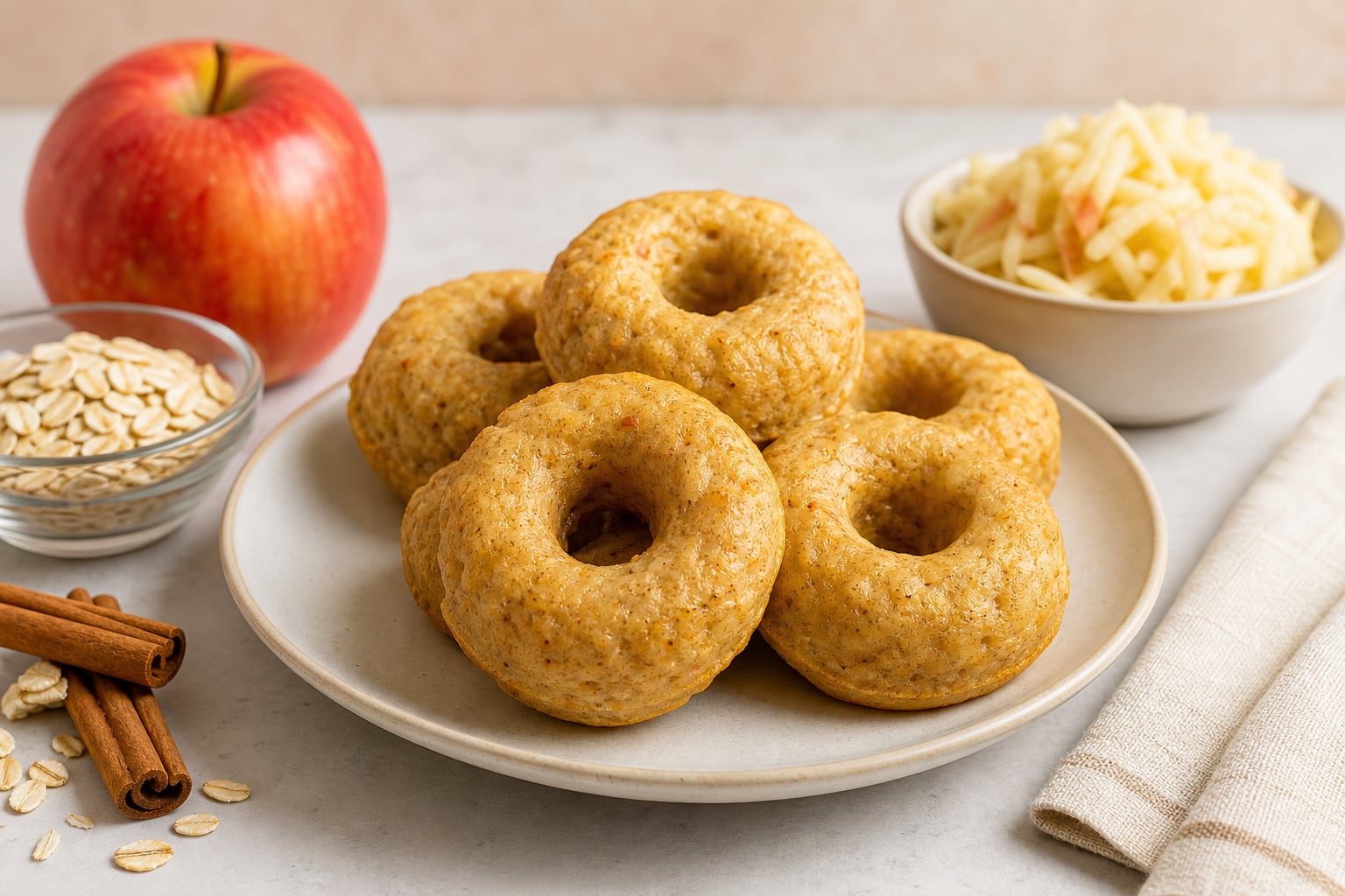 Un plato reúne donas de avena, manzana y canela junto a los ingredientes empleados en su elaboración. (Imagen Ilustrativa Infobae)