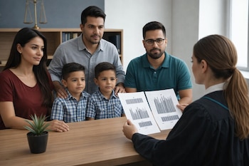 Una familia de cuatro personas, dos adultos y dos niños, sentada frente a una abogada que sostiene documentos con gráficos en una oficina legal.