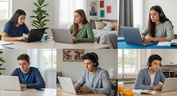 Collage de seis paneles con tres jóvenes mujeres y tres jóvenes hombres usando computadoras portátiles en interiores, algunos con auriculares.