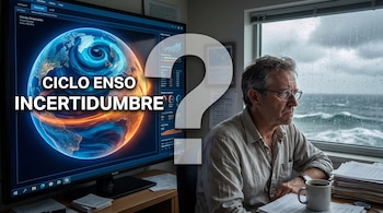 Hombre con gafas, monitor con Tierra y patrones climáticos, texto 'CICLO ENSO INCERTIDUMBRE', ventana lluviosa, signo de interrogación, papeles y taza.
