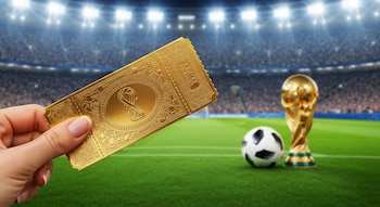 Primer plano de una mano sosteniendo una entrada dorada de lujo. Al fondo, un estadio lleno, una pelota de fútbol y la Copa Mundial aparecen desenfocados.