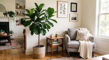 Planta de ficus grande en maceta de cerámica junto a un sillón gris con manta, una mesa auxiliar de madera y cuadros en la pared.