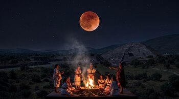 Un grupo de personas con túnicas blancas rodea una fogata frente a pirámides antiguas bajo una gran luna llena de color rojo en un cielo estrellado.