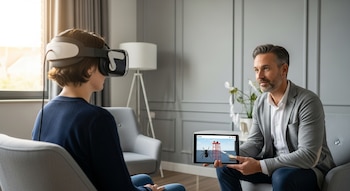 Una persona con gafas de realidad virtual sentada frente a un terapeuta que sostiene una tableta que muestra una araña en un entorno virtual.