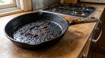 Un sartén de hierro fundido con residuos quemados en su interior descansa sobre una encimera de madera, con una cocina de gas y una ventana.