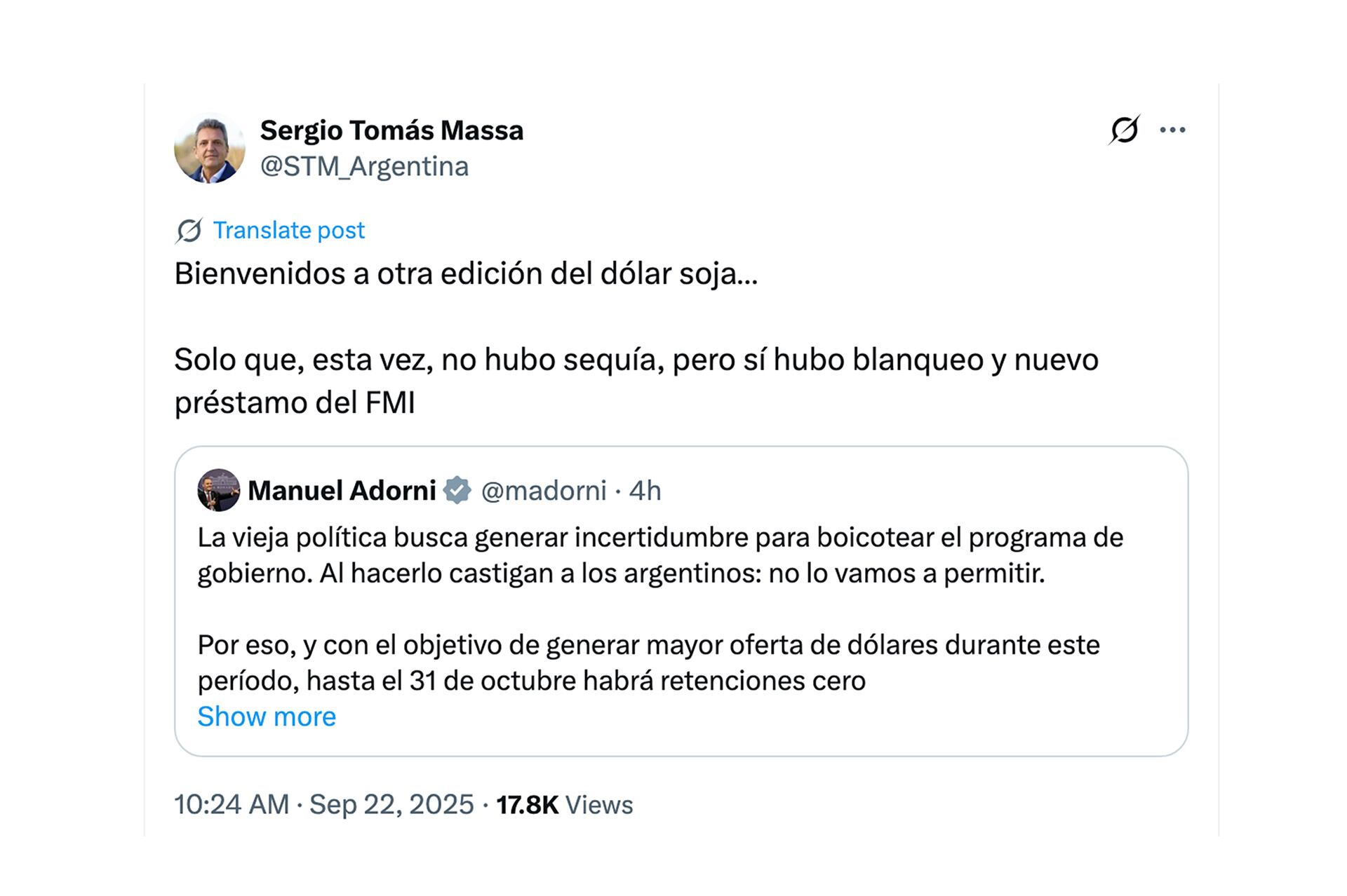 Tuit del ex presidente Sergio Massa