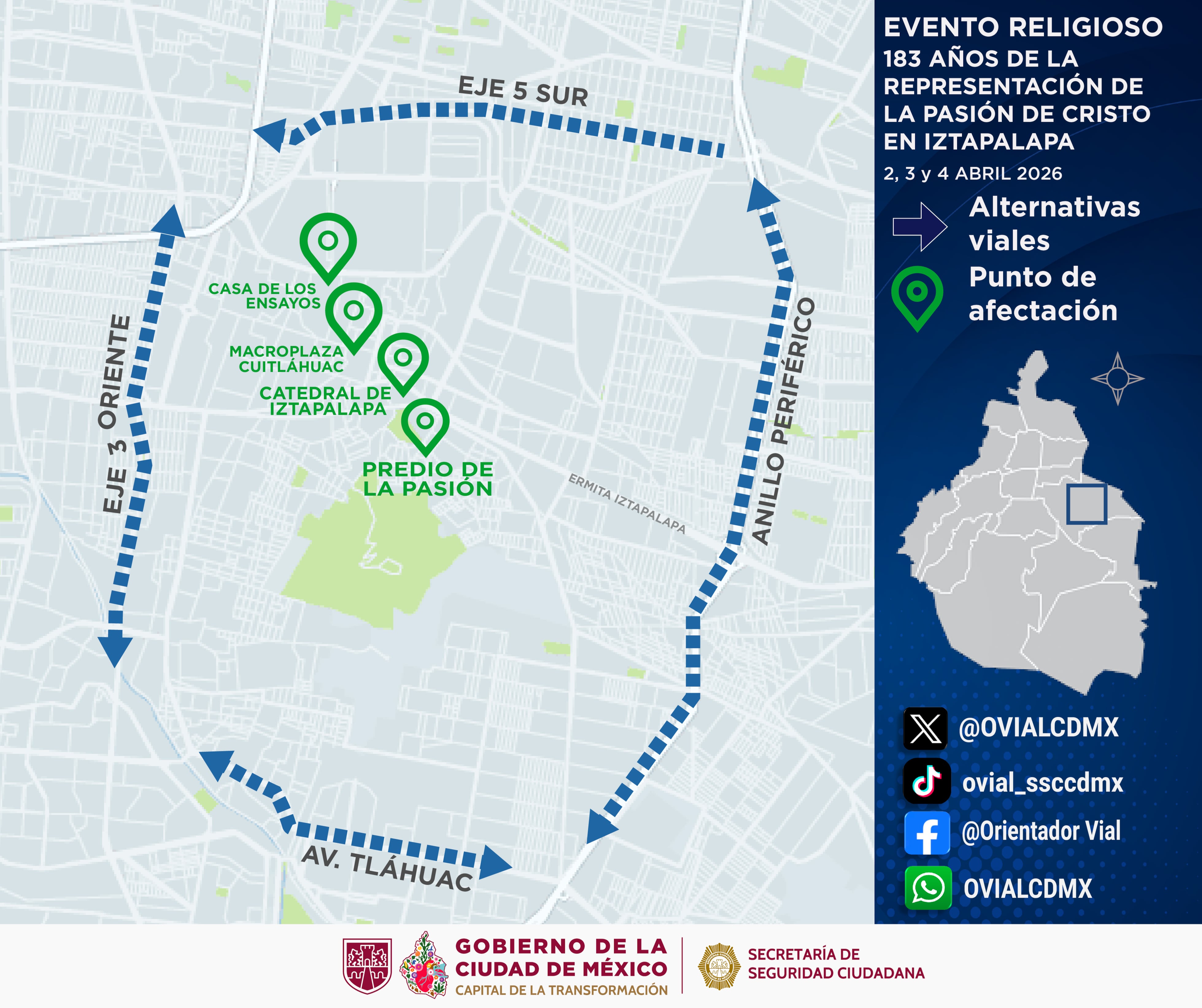 Cierres viales CDMX Semana Santa Alcaldía Iztapalapa (@OVIALCDMX/X)