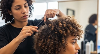 Primer plano de una peluquera con cabello rizado, peinando y estilizando el cabello rizado y castaño de una clienta con un peine negro en un salón de belleza.