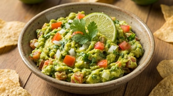 Primer plano de un bowl de guacamole con aguacate triturado, tomate, cebolla, cilantro y una rodaja de lima, sobre una mesa de madera y rodeado de totopos.