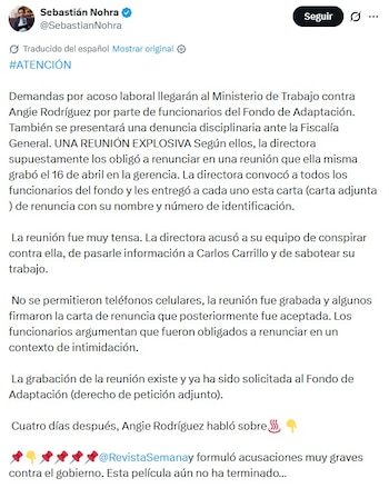 Los trabajadores señalaron que fueron citados a una reunión donde se les entregaron cartas de renuncia ya diligenciadas y que el proceso estuvo marcado por restricciones, presión y cuestionamientos a su conducta profesional - crédito Captura de pantalla / @SebastianNohra