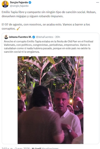 Sergio Fajardo criticó la impunidad de Emilio Tapia y prometió combatir la corrupción - crédito @sergio_fajardo/X